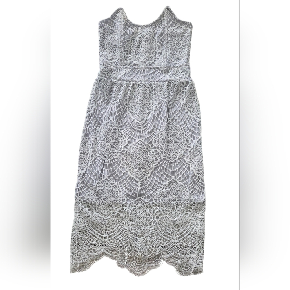 For Love & Lemons Lace Overlay Strapless Mini Dress XS Corset Light Gray Crochet